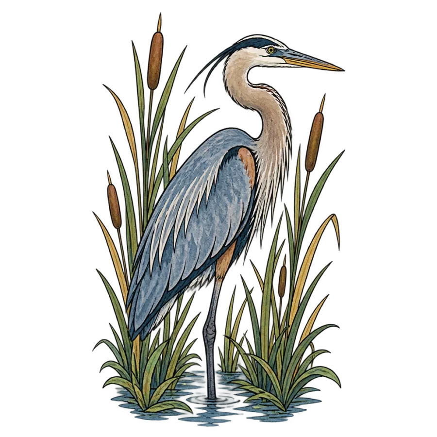 Watercolor tattoo of a heron among tall reeds spread across the back