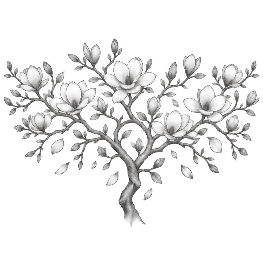 Fine line tattoo of a blooming magnolia tree spreading across the upper back