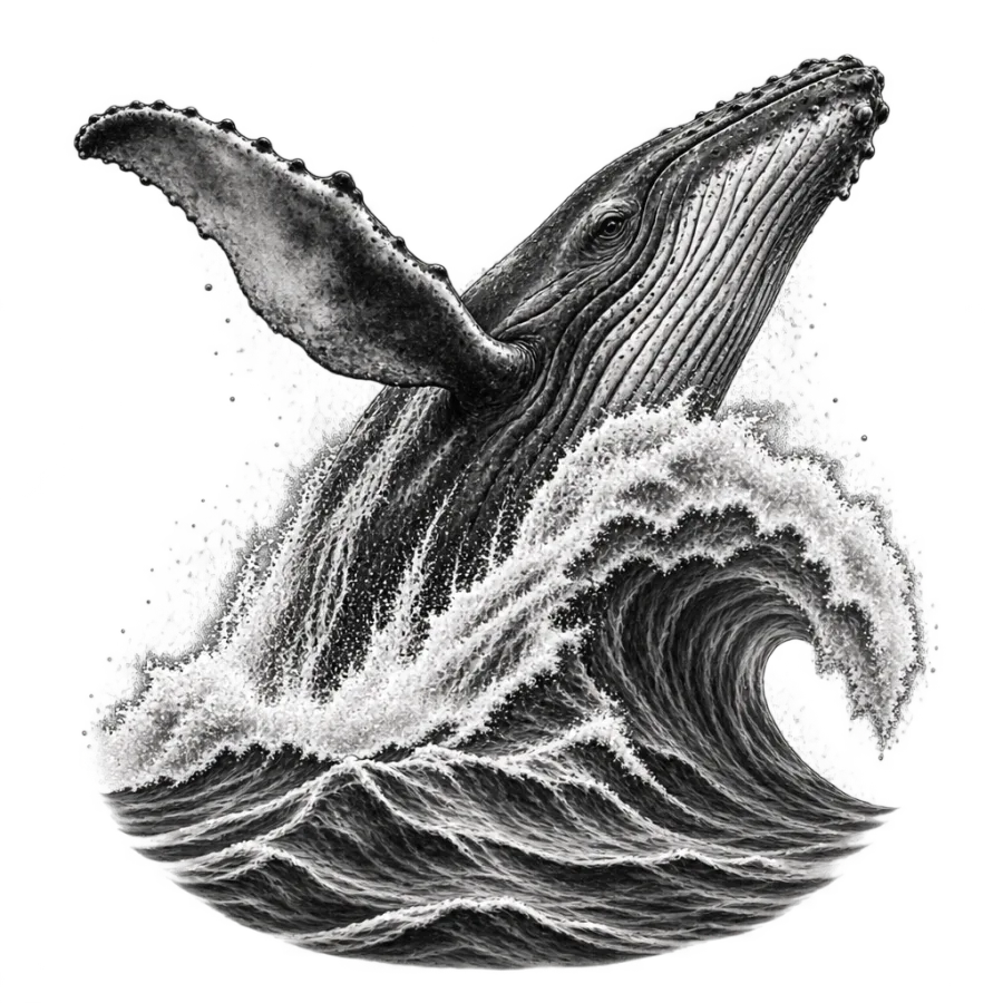 Black and grey realism tattoo of a breaching whale and curling wave across the back