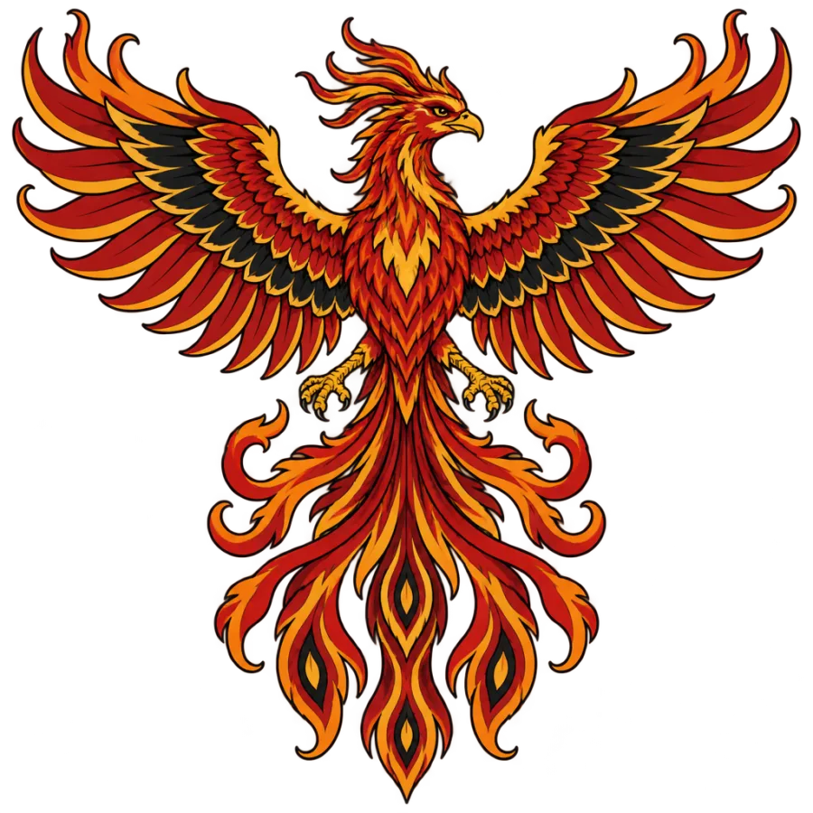 Neo traditional tattoo of a phoenix with flame tail feathers spanning the back