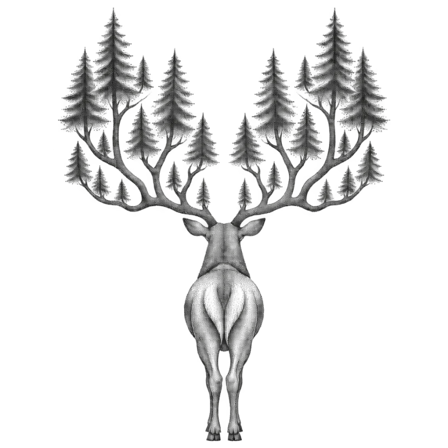 Dotwork tattoo of a stag with antlers branching into pine trees across the back