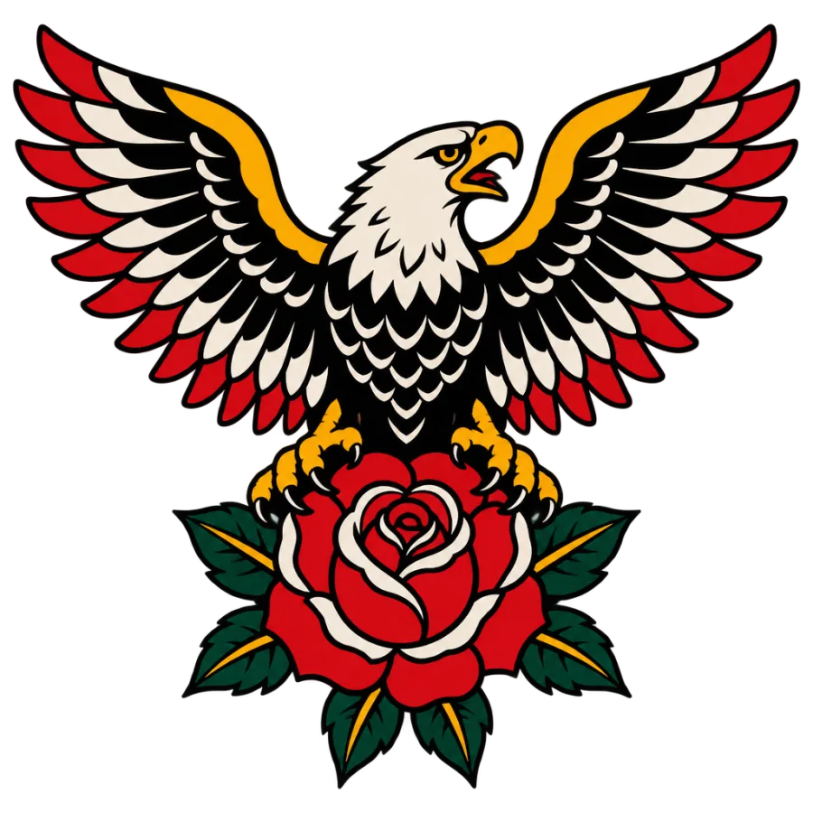 American traditional tattoo of an eagle above a rose spanning the whole back