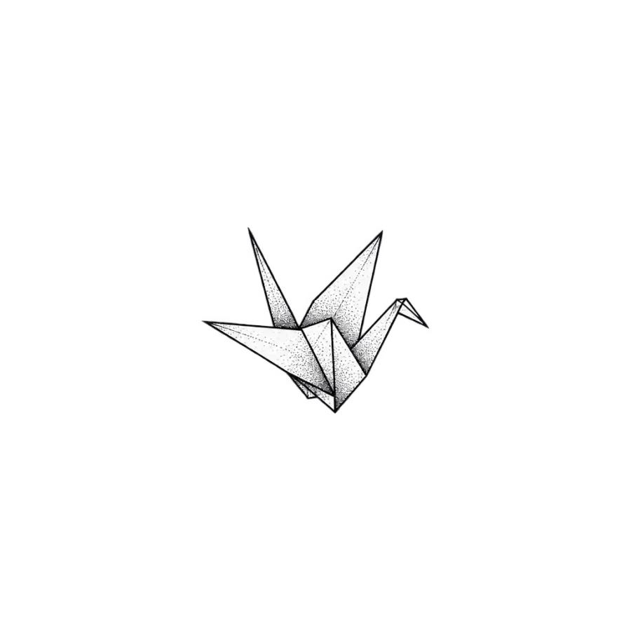 Fine line tattoo design of a tiny origami paper crane, ear sized