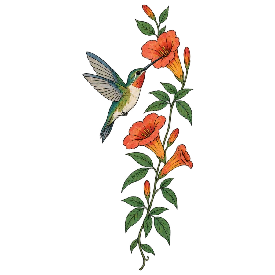 Watercolor tattoo of a hummingbird and trumpet vine tapering down the calf