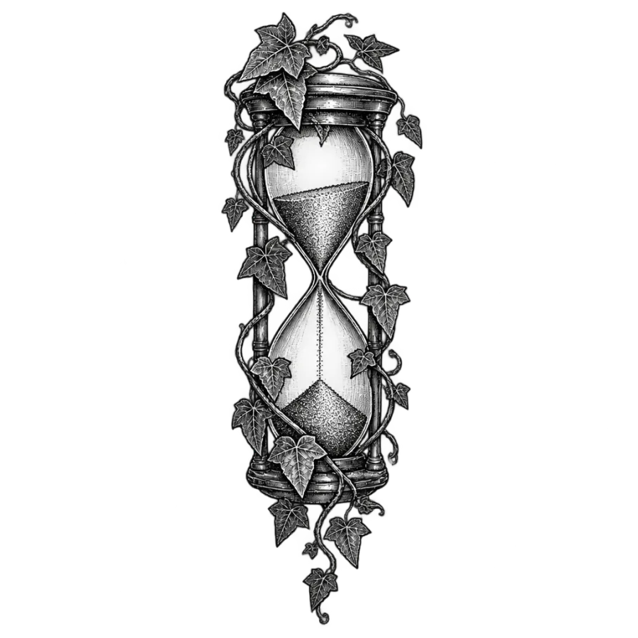 Engraving style tattoo of an ivy wrapped hourglass tapering down the calf