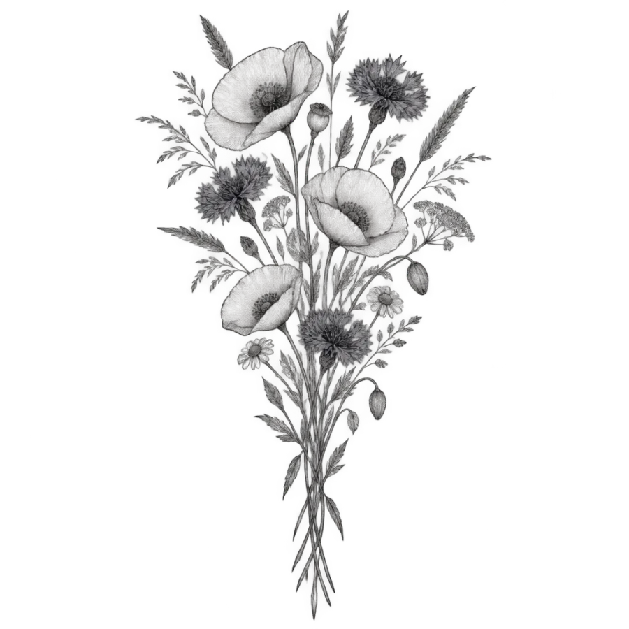 Fine line tattoo design of wildflower stems tapering along the calf