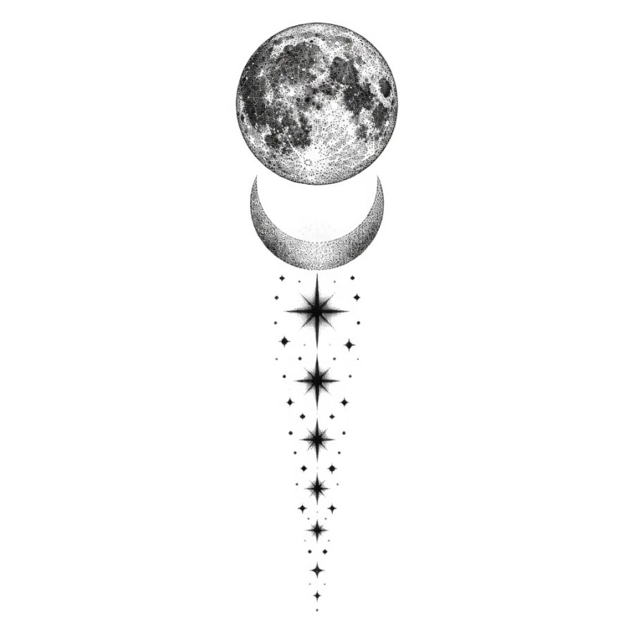 Dotwork tattoo design of a moon and trailing stars in a tapering calf column