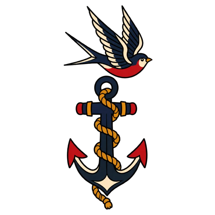 American traditional tattoo of a roped anchor and swallow tapering down the calf