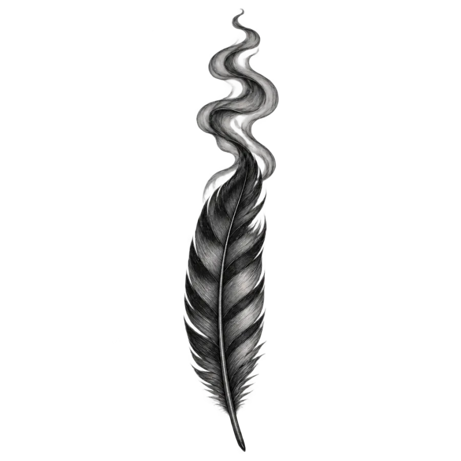 Black and grey realism tattoo of a hawk feather and smoke for the calf