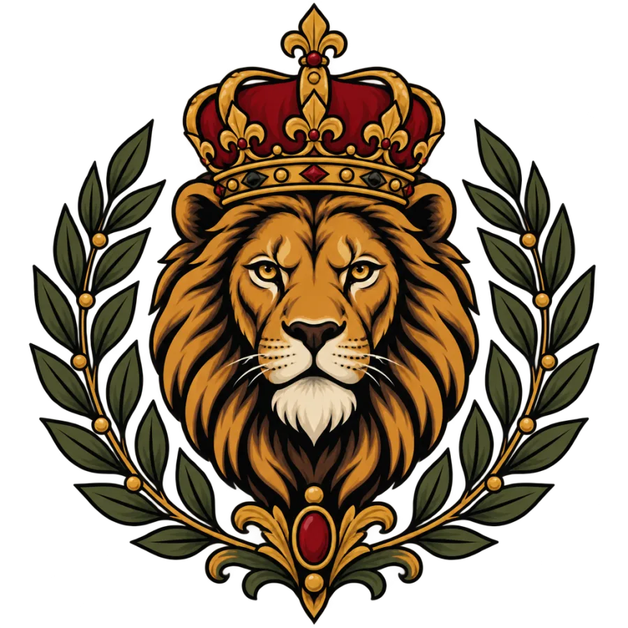 Neo traditional tattoo design of a crowned lion head with mirrored laurels