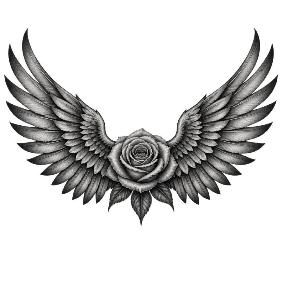 Black and grey realism tattoo design of feathered wings spreading from a rose
