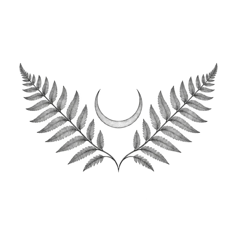 Fine line tattoo design of mirrored fern fronds around a crescent moon