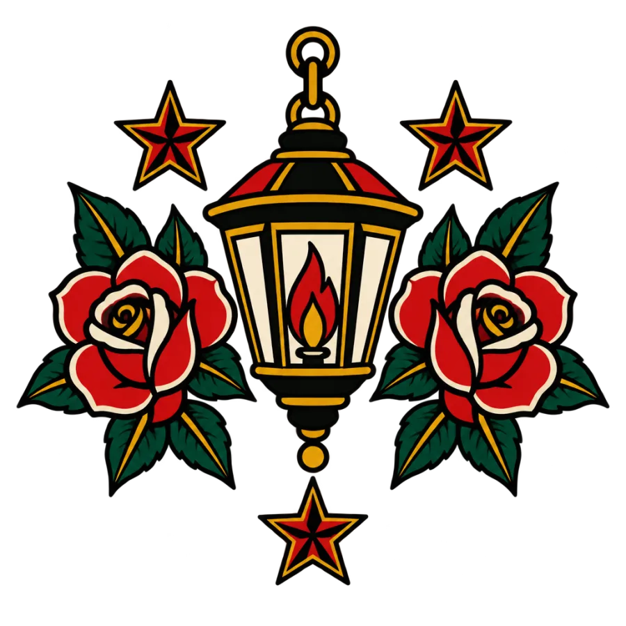 American traditional tattoo design of a lantern flanked by mirrored roses