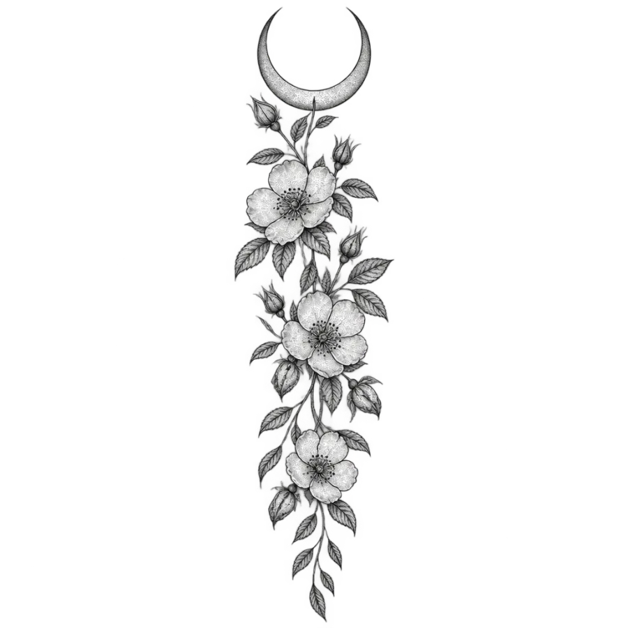 Fine line tattoo design of a crescent moon above trailing wild roses for the forearm