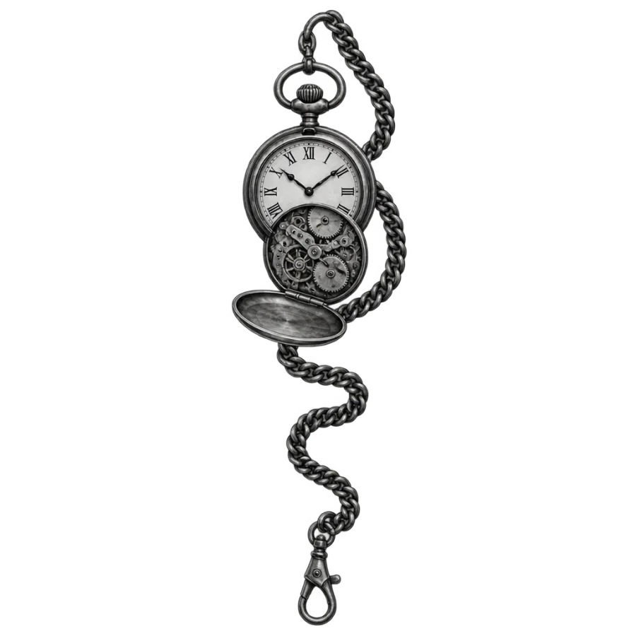 Black and grey realism tattoo design of an open pocket watch and chain
