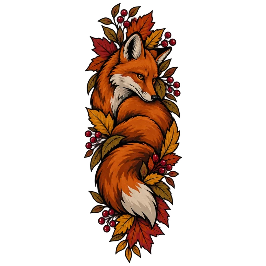 Neo traditional tattoo design of a fox curled among autumn leaves and berries