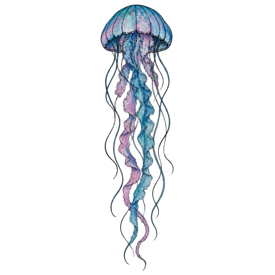 Watercolor tattoo design of a jellyfish with long trailing tentacles