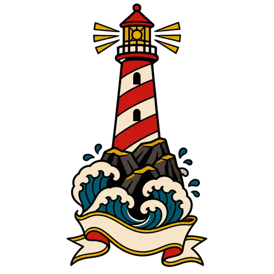 American traditional tattoo of a lighthouse and waves in a tall forearm layout