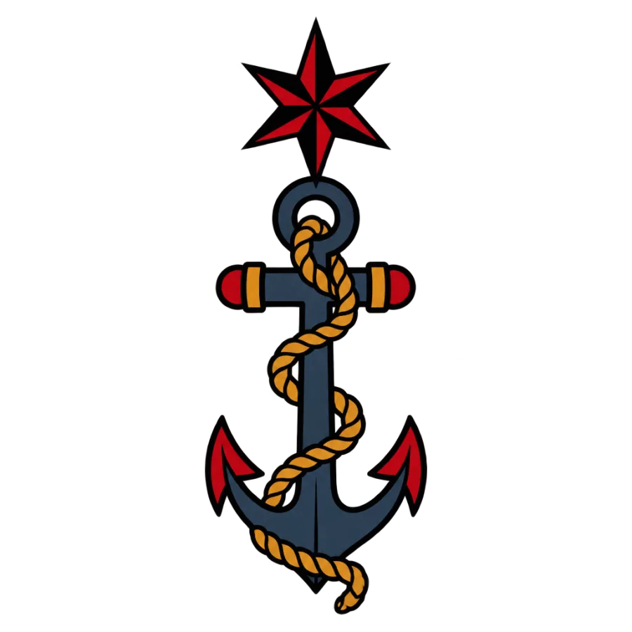 American traditional tattoo design of a roped anchor under a nautical star