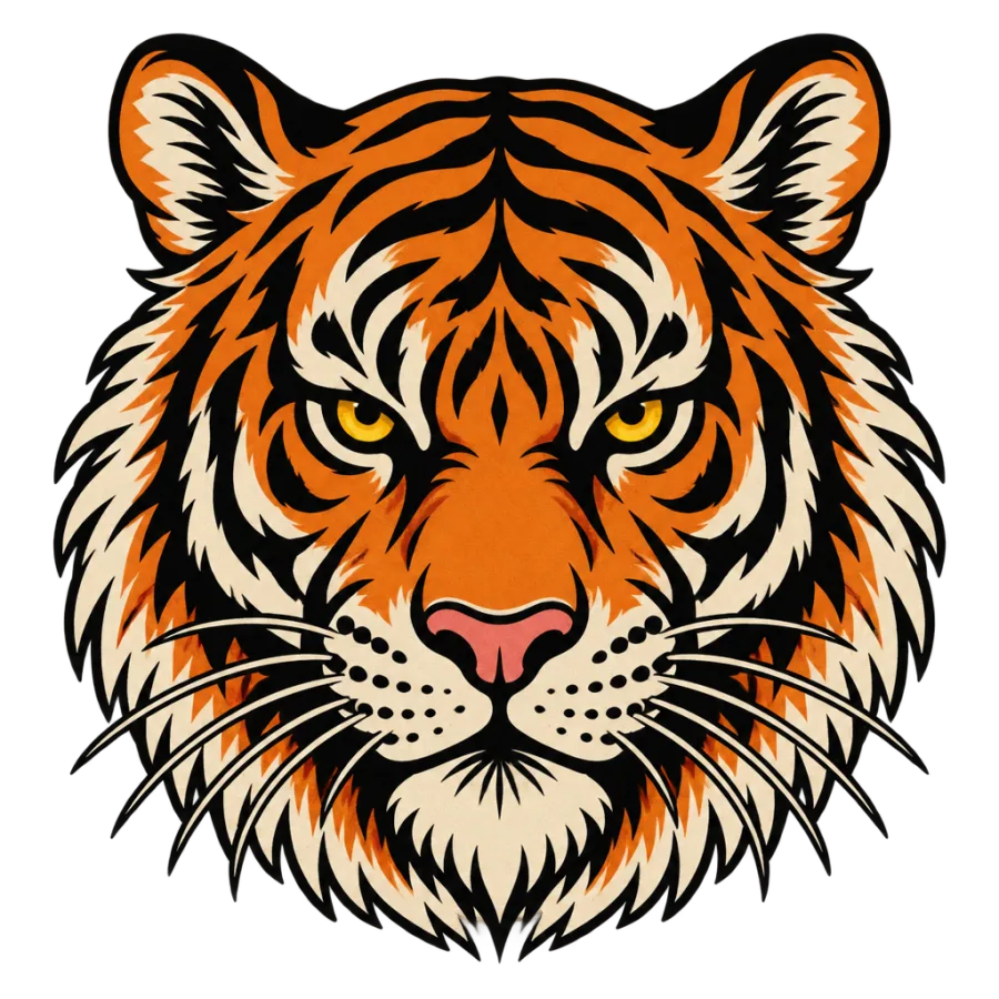 Neo traditional tattoo design of a forward facing tiger head for the hand