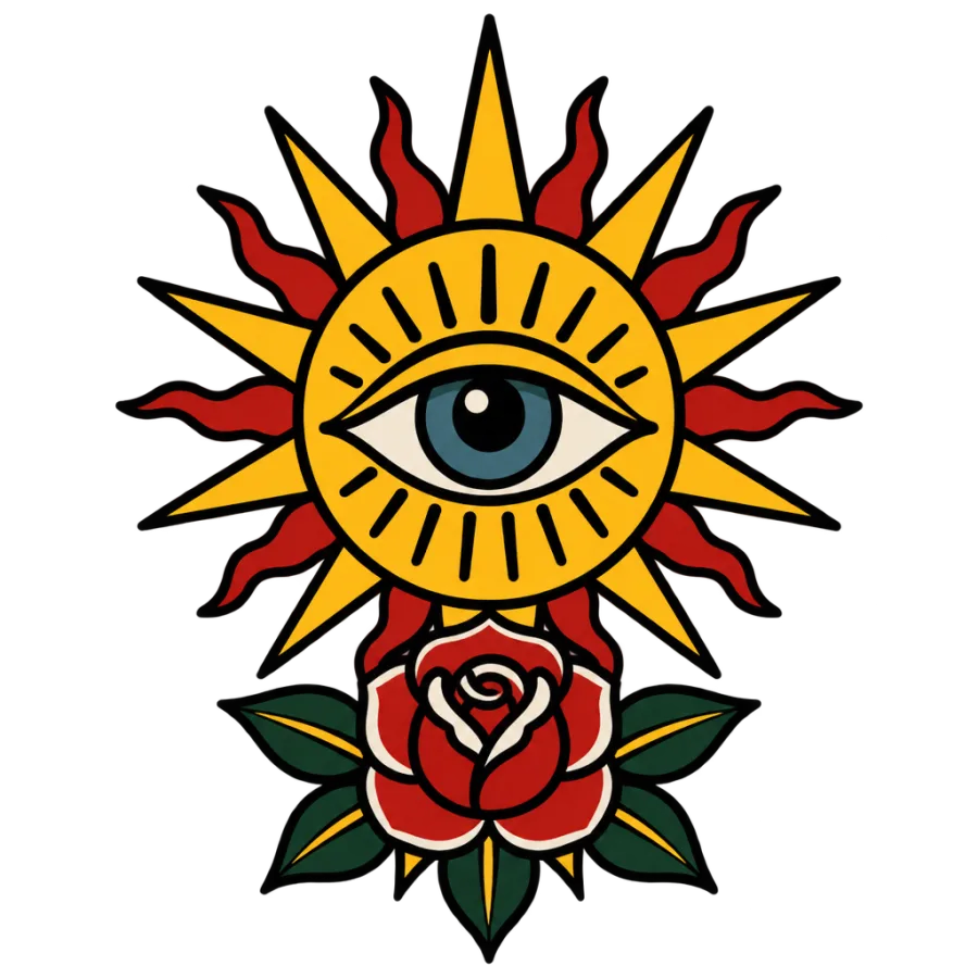 Traditional tattoo design of an all seeing eye and rose for the hand