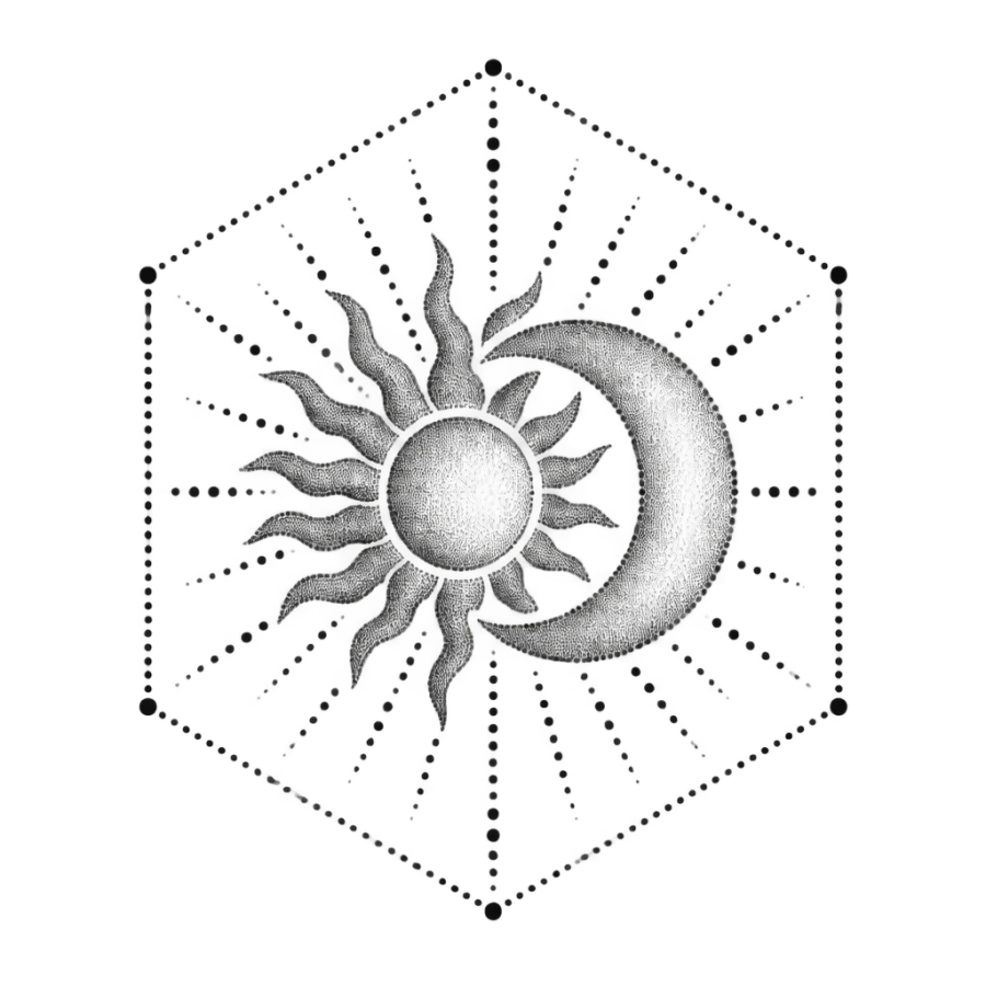 Dotwork tattoo design of a sun and moon hexagon scaled to the hand