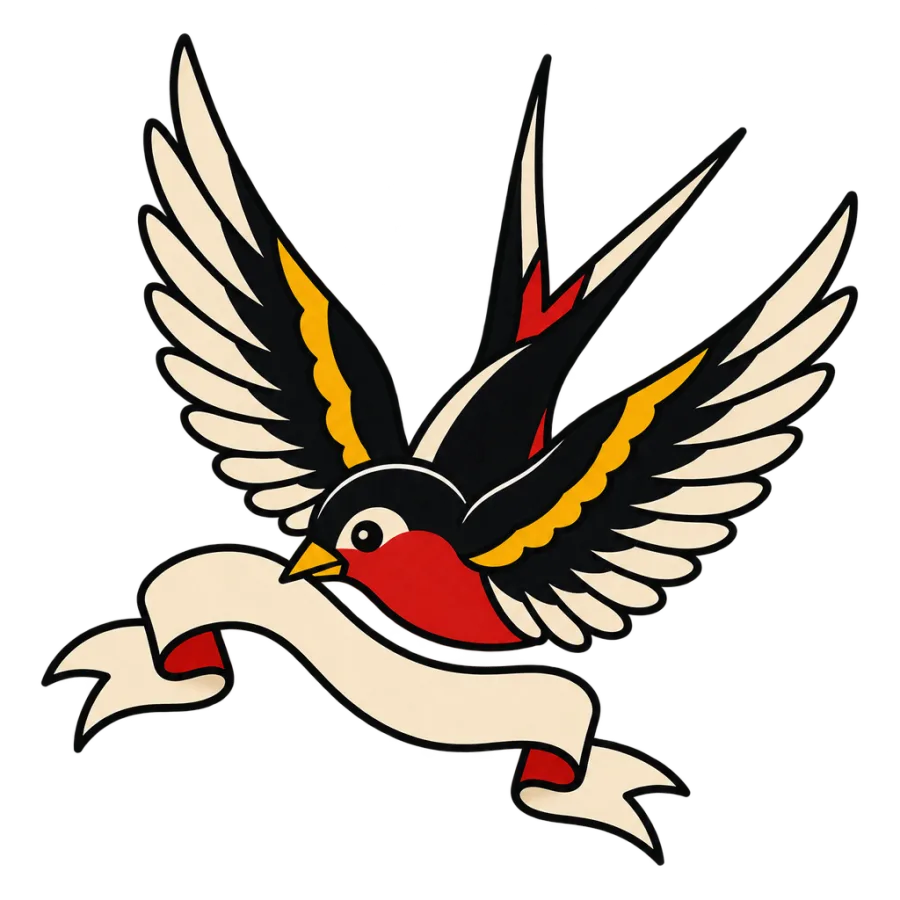 American traditional tattoo design of a swallow carrying a banner across the hand