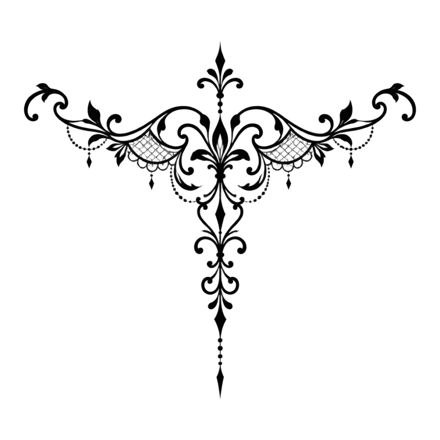 Ornamental tattoo design of a filigree crest shaped for the nape of the neck