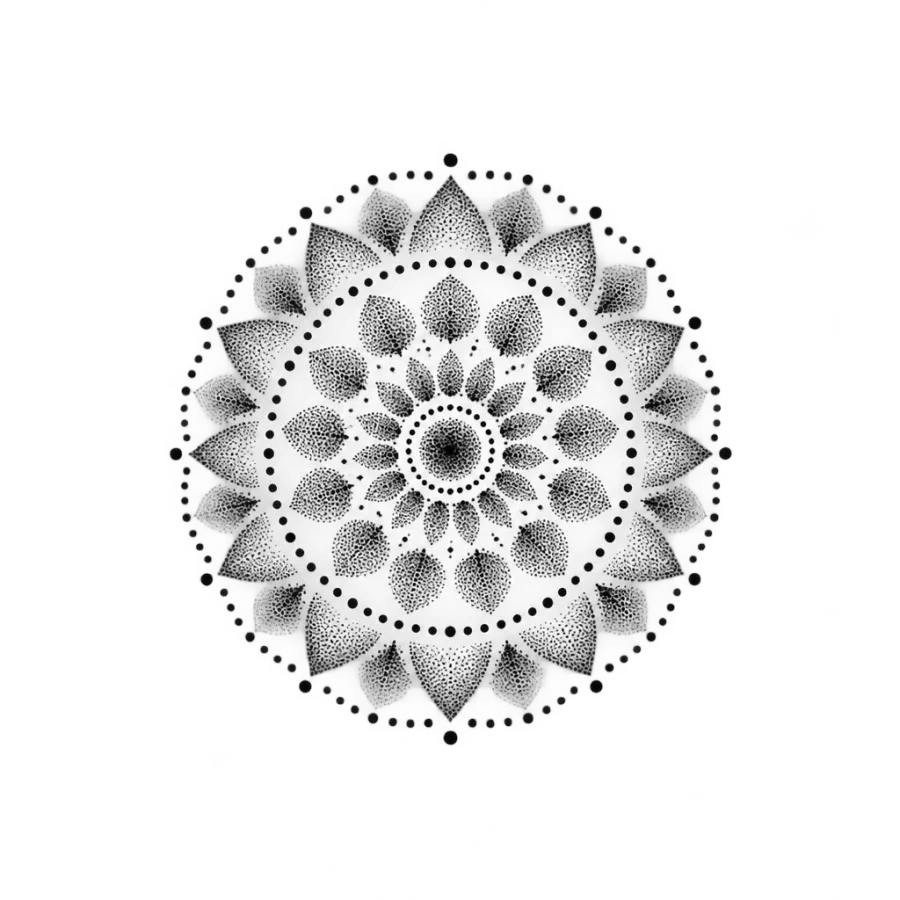 Dotwork tattoo design of a compact round mandala scaled for the nape