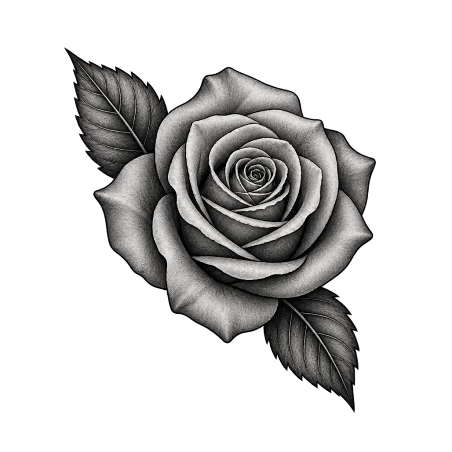Black and grey realism tattoo design of a shaded rose for the neck