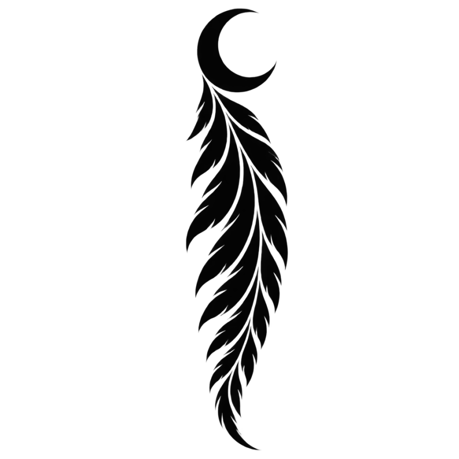 Blackwork tattoo of a crescent moon and falling feathers curving down the ribs