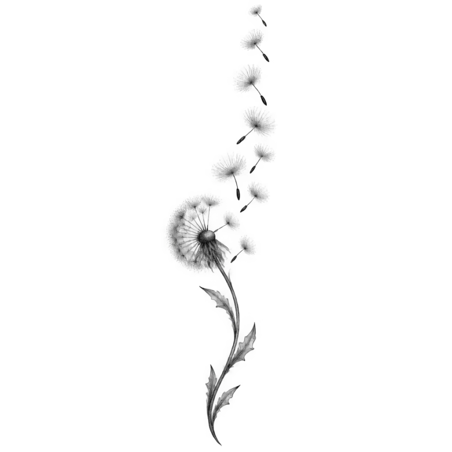 Fine line tattoo design of a dandelion stem with seeds drifting upward