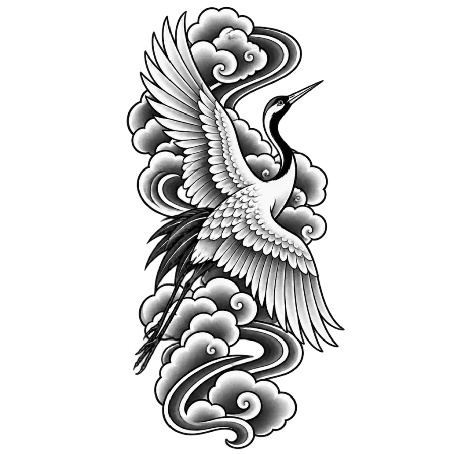 Japanese irezumi tattoo design of a crane in flight among layered clouds