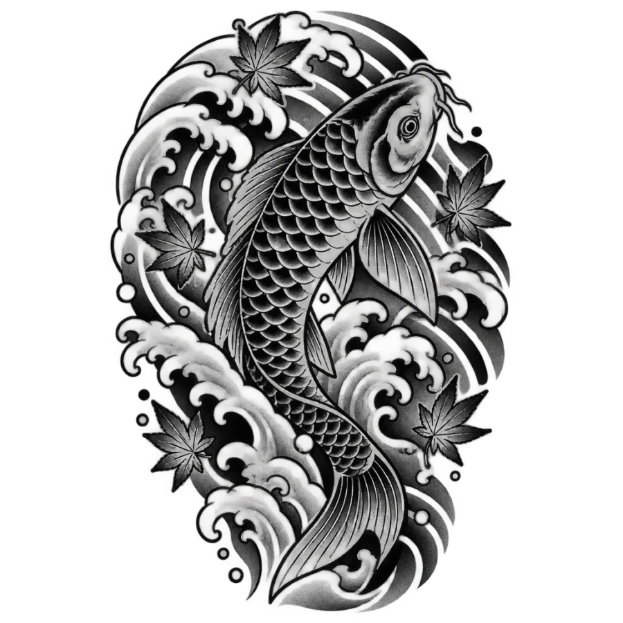 Japanese irezumi tattoo of a koi in waves fanning across the shoulder cap