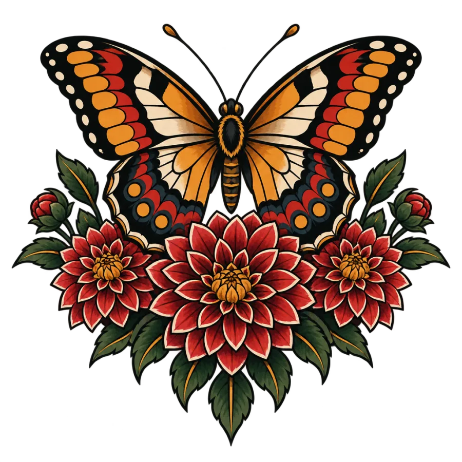 Neo traditional tattoo design of a butterfly above blooming dahlias