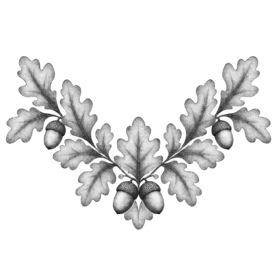 Dotwork stippling tattoo design of oak leaves and acorns in a shoulder arc