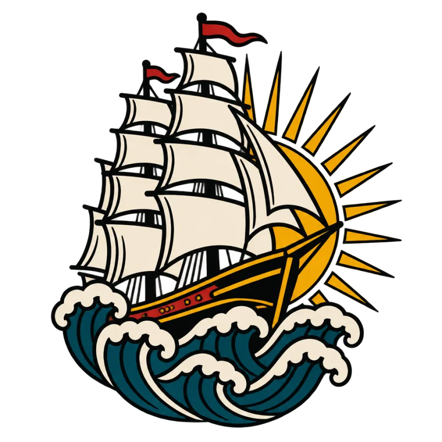 American traditional tattoo design of a sailing ship on waves under a rising sun