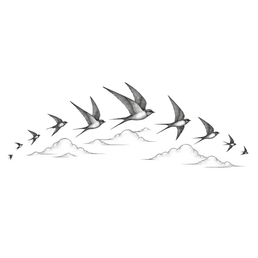 Fine line tattoo design of a scattering swallow flock over thin clouds