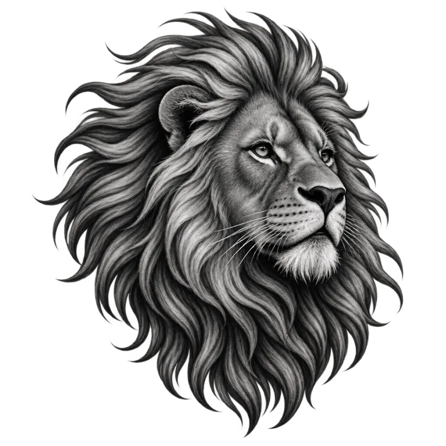 Black and grey realism tattoo design of a lion head with a spreading mane