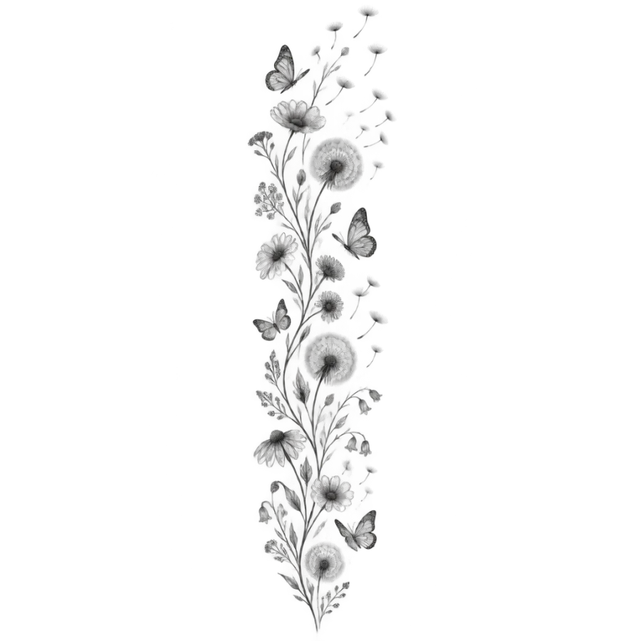 Fine line sleeve tattoo design of wildflowers, drifting dandelion seeds and butterflies