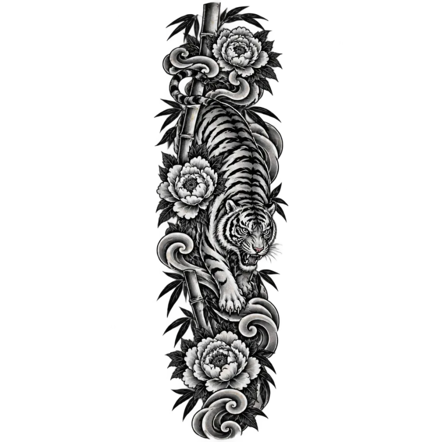 Japanese irezumi sleeve tattoo design of a tiger among bamboo, peonies and wind bars