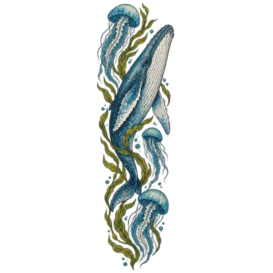 Watercolor sleeve tattoo design of a humpback whale rising through jellyfish and kelp