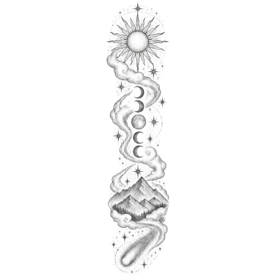 Fine line tattoo design of linked celestial elements forming a full arm sleeve