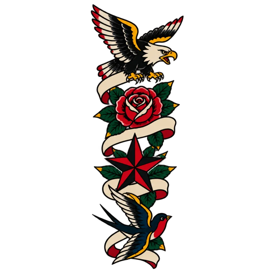 American traditional sleeve tattoo design of stacked eagle, rose, star and swallow panels