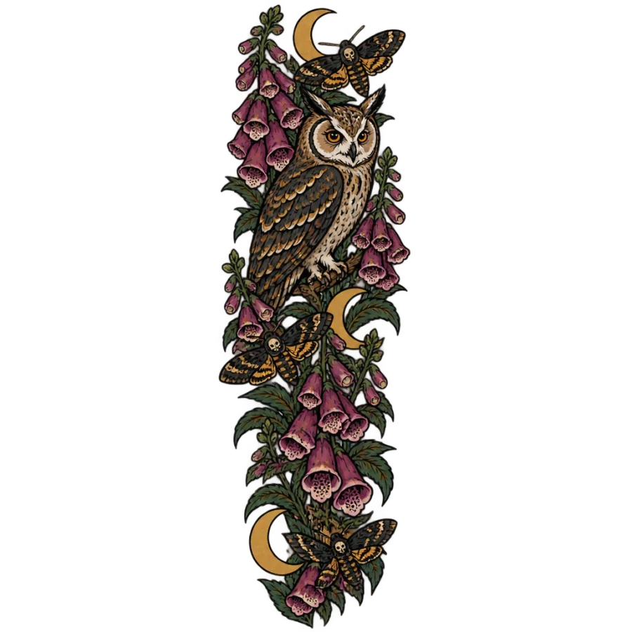 Neo traditional sleeve tattoo design of an owl among foxgloves, moths and moons
