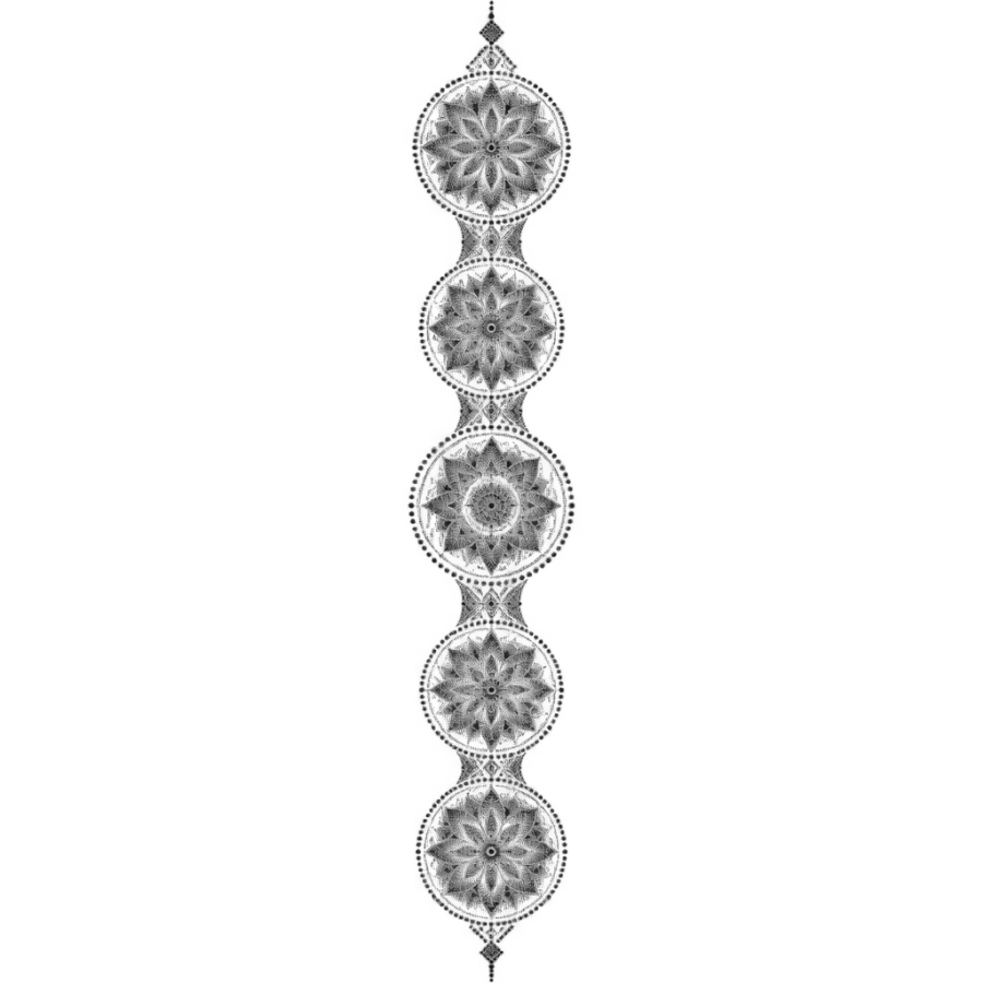 Dotwork sleeve tattoo design of stacked mandalas linked by stippled geometric bands