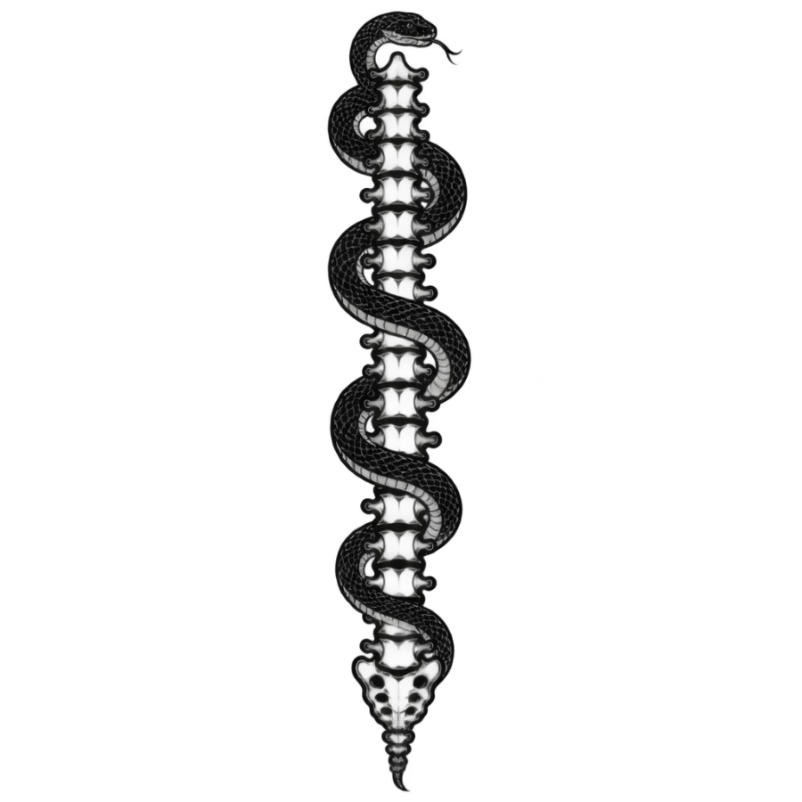 Blackwork tattoo of a serpent weaving through vertebrae down the spine