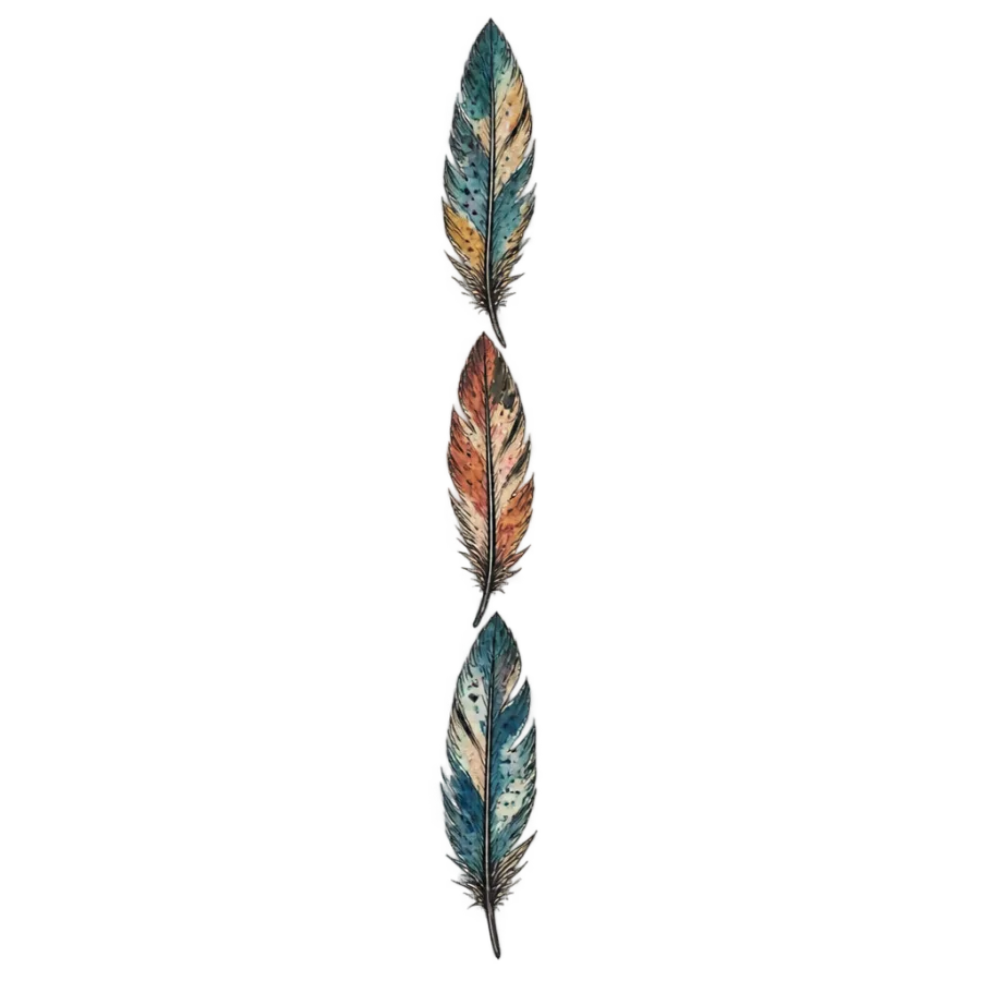 Watercolor tattoo of three stacked feathers forming a narrow spine column