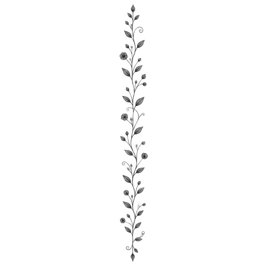 Fine line tattoo of a climbing botanical vine in a narrow spine column