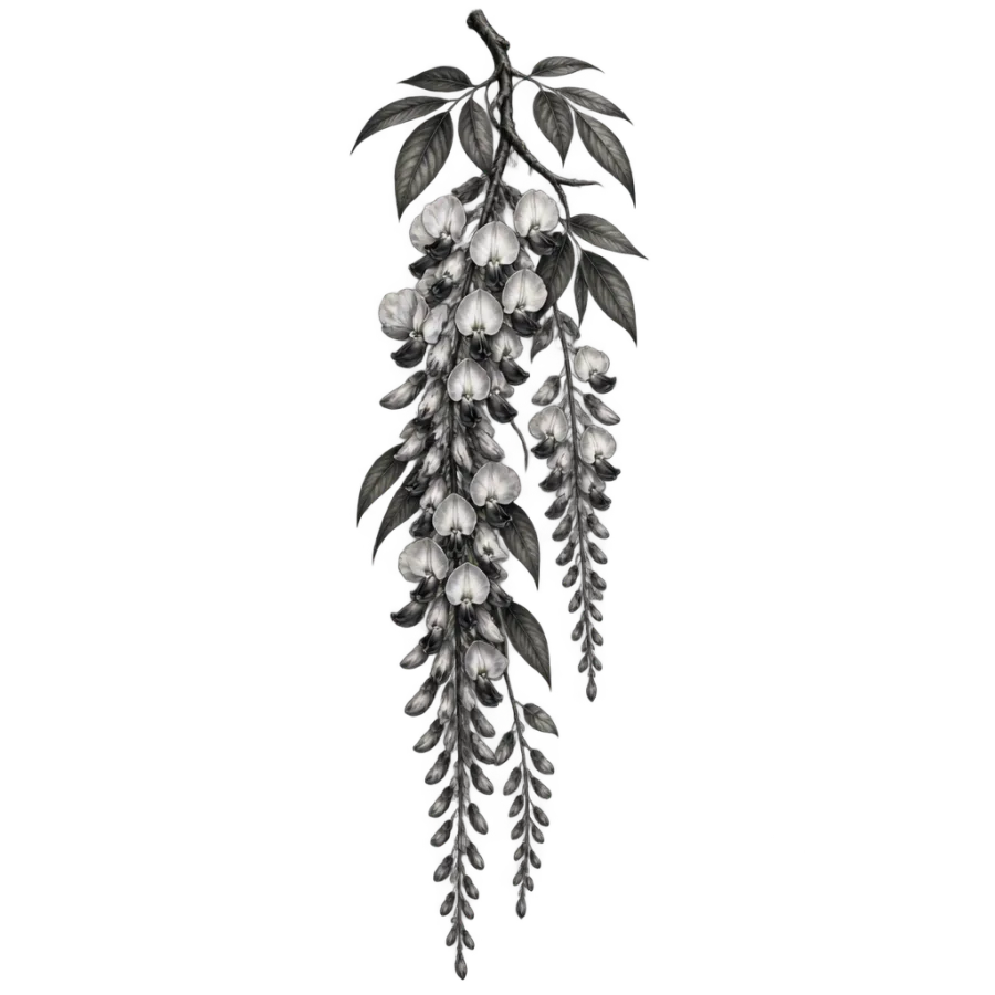 Black and grey realism tattoo of cascading wisteria blossoms down the spine